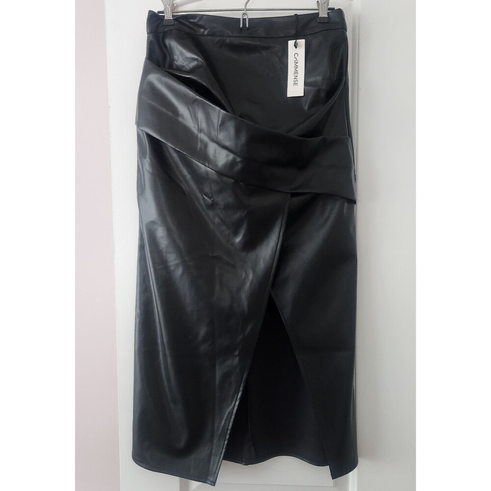 NWT Commense Faux Leather Ruched Slit Midi Bodycon Pencil Skirt - Black - Size M - Picture 4 of 8